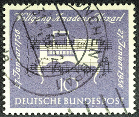 GERMANY - CIRCA 1956: a stamp printed in the Germany shows Clavichord, 200th Anniversary of the Birth of Wolfgang Amadeus Mozart, Composer, circa 1956