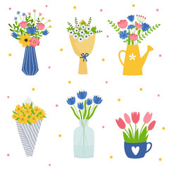 Set of flower bouquets. Bunch of plants in vase, cup and watering can collection. Design element for greeting card, invitation, stickers, postcard, poster, print