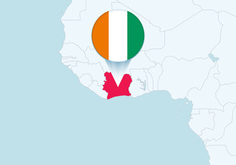 Naklejka premium Africa with selected Ivory Coast map and Ivory Coast flag icon.