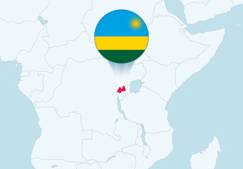 Africa with selected Rwanda map and Rwanda flag icon.