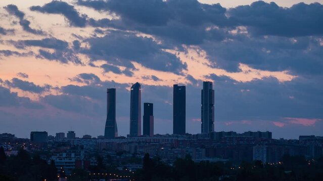 Sunrise Timelapse of Madrid Skyline and the Four Towers 
