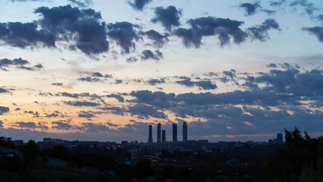 Sunrise Timelapse of Madrid Skyline and the Four Towers 