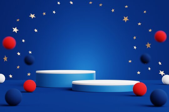 Abstract geometric shape podium for product display on blue background. 4th of july. 3d rendering.