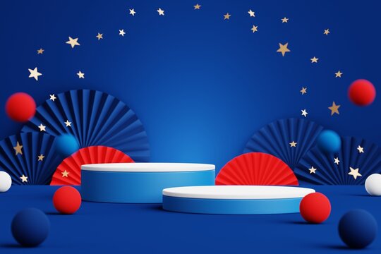 Abstract geometric shape podium for product display on blue background. 4th of july. 3d rendering.