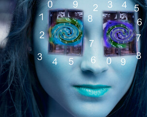 Portrait of an alien with numbers in his eyes, numerology
