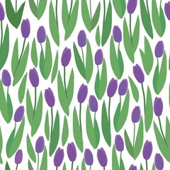 Simple vintage pattern. purple flowers, green leaves. White background. Fashionable print for textiles, wallpaper and packaging.