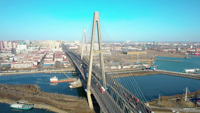 Aerial shot of Haihe Bridge in Tianjin Binhai New Area