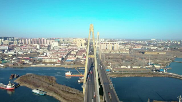 Aerial shot of Haihe Bridge in Tianjin Binhai New Area