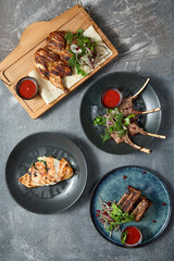 Overhead view of different types of grilled food