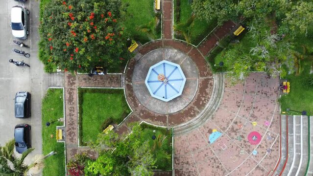 view of a drone rising over Balboa Risaralda Park in Colombia.