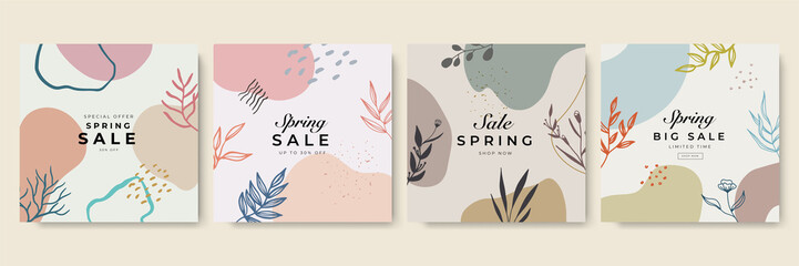 Trendy Spring sale floral square templates. Suitable for social media posts, mobile apps, cards, invitations, banners design and web/internet ads.