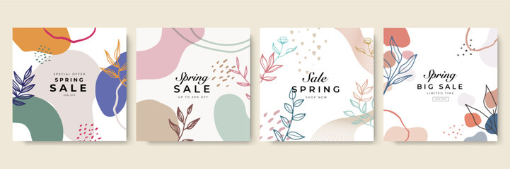 Trendy Spring sale floral square templates. Suitable for social media posts, mobile apps, cards, invitations, banners design and web/internet ads.