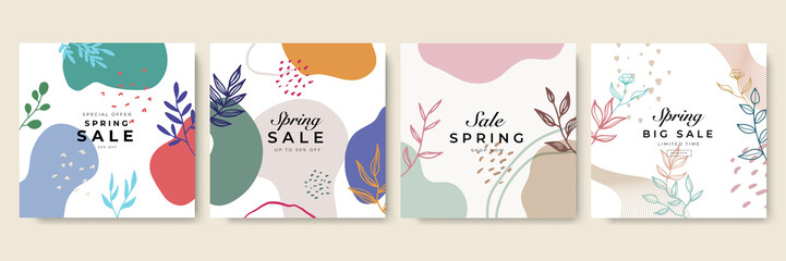 Naklejka na ściany i meble Trendy Spring sale floral square templates. Suitable for social media posts, mobile apps, cards, invitations, banners design and web/internet ads.