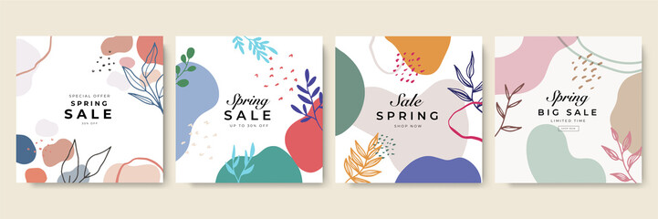 Trendy Spring sale floral square templates. Suitable for social media posts, mobile apps, cards, invitations, banners design and web/internet ads.