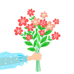 Female hand holding bouquet of bright blooming cute flowers on white background. Congratulations from woman, girl. Greeting card. Vector illustration in flat style. Side view.