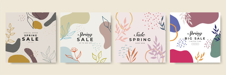 Trendy Spring sale floral square templates. Suitable for social media posts, mobile apps, cards, invitations, banners design and web/internet ads.
