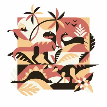 Dinosaur jurassic forest - abstract vector illustration with tyrannosaurus rex, hypacrosaurus, brontosaurus, stegosaurus and pterodactyl.
