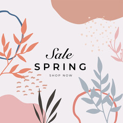 Fototapeta na wymiar Spring season floral square cover template. Set of banner design with flowers, leaves and branch in line art pattern. Watercolor blossom for social media post, internet, ads, business.
