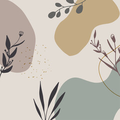 Tropic pattern. Collection of tropical backgrounds in simple minimal flat style with jungle plants banana, palm, monstera leaves, bright liquid shapes and grunge dot textures