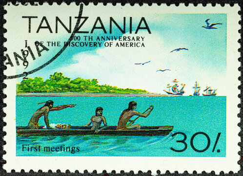 TANZANIA - CIRCA 1992: A stamp printed in Tanzania shows 500th anniversary of the discovery of America, first meetings, circa 1992