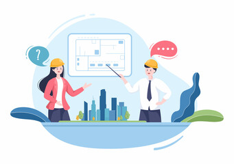 Architect or Engineer Cartoon Illustration using a Multipurpose Board Table to Sketch Building Constructions and Project Miniatures Concept