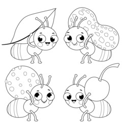 Cute ants carrying food. A leaf, a peanut, a cookie and a cherry. Vector black and white coloring page