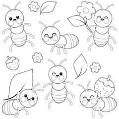 Cute ant bugs. Vector black and white coloring page