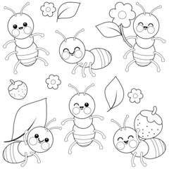Fototapeta premium Cute ant bugs. Vector black and white coloring page