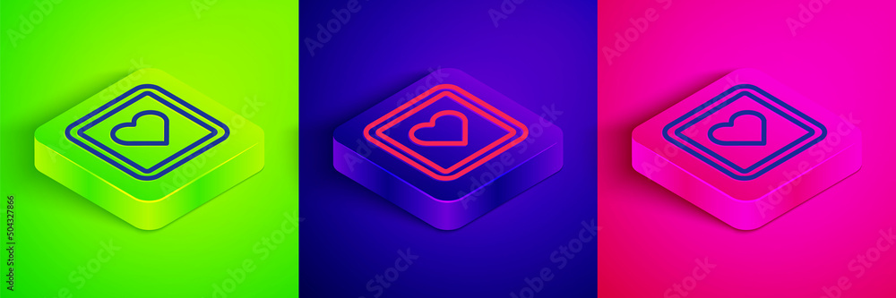 Poster isometric line like heart icon isolated on green, blue and pink background. counter notification ico