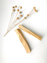 Wooden palo santo sticks, set of natural incense on white background with sprig of flax , place for text