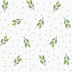 The watercolor simple pattern is seamless. white background and green leaves.