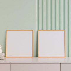 Modern and minimalist square wooden poster or photo frame mockup on the table in the living room. 3d rendering.