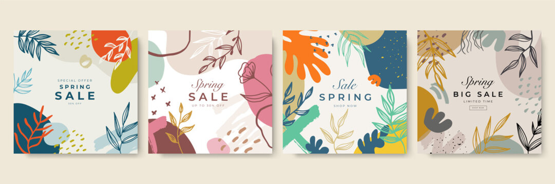 Trendy spring Easter floral square templates. Suitable for social media posts, mobile apps, cards, invitations, banners design and web/internet ads.