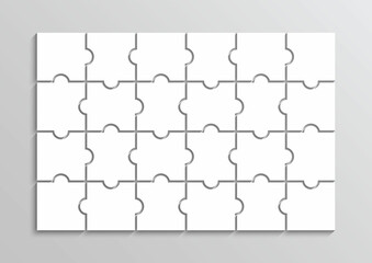 Puzzle template with 24 pieces. Jigsaw outline grid. Thinking game with separate shapes. Simple mosaic layout. Modern puzzle background. Laser cut frame. Vector illustration.