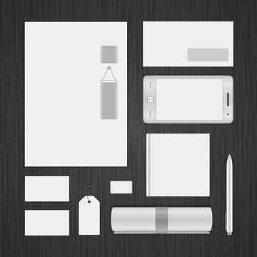 Collection business elements dark wooden table top view vector illustration. Set corporate stationery felt tip marker, letter envelope, smartphone, business card, tag rope, pen, roll contract document
