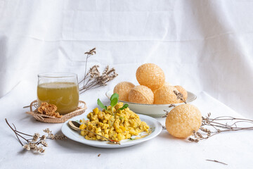 Homemade pani puri, Golgappa Indian snack on cotton calico background