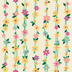 Floral seamless pattern with colourful flowers and green leaves on a yellow background. Branches and blossoms. Vector illustration in flat cartoon style.