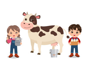 Cute boy and girl carrying fresh milk produce from cow. Flat vector cartoon design