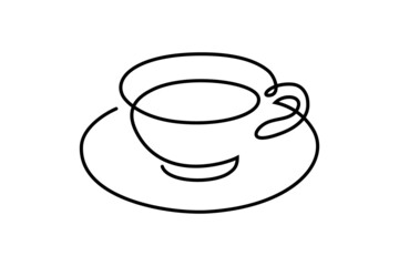 Cup on saucer in continuous line art drawing style. Tea or coffee cup black linear design isolated on white background. Vector illustration