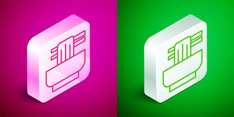 Isometric line Asian noodles in bowl and chopsticks icon isolated on pink and green background. Street fast food. Korean, Japanese, Chinese food. Silver square button. Vector