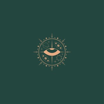 Sun, planet, stars, evil eye. Geometric, linear style. Vector illustration. Isolated round icon. Boho, esoteric, witchcraft, alchemy, mystic, abstract concept. Logo, avatar, poster, print template
