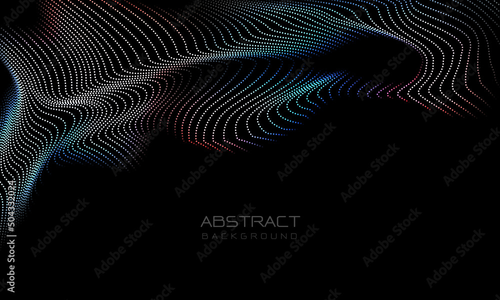 Poster Abstract 3D color dots wave curve motion light on black with blank space design modern futuristic technology background vector