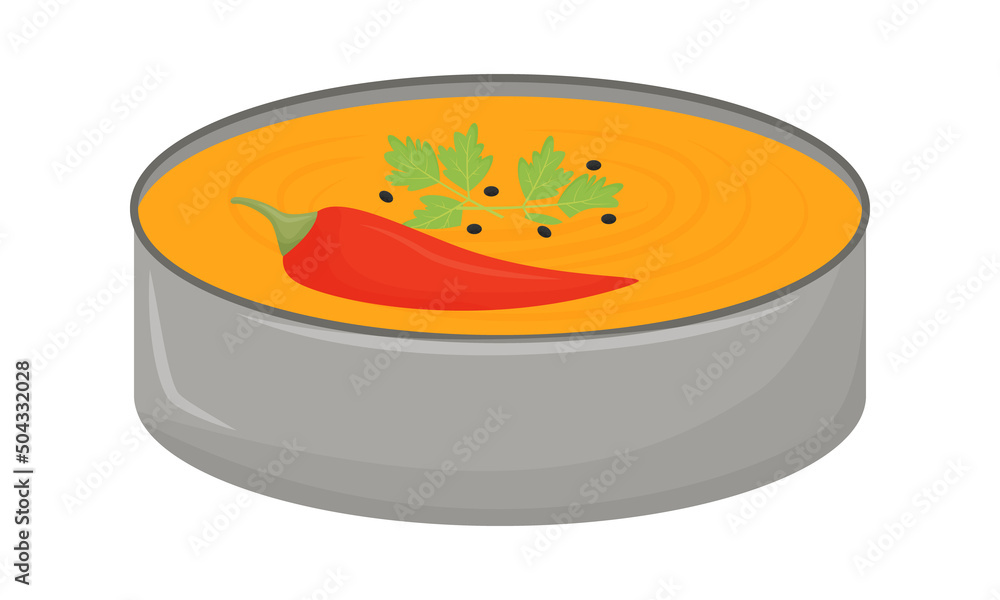 Poster curry soup in bowl semi flat color vector element. full sized object on white. course with hot peppe
