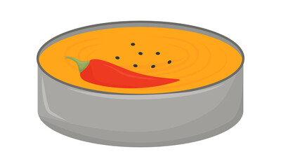 Spicy soup in bowl semi flat color vector element. Full sized object on white. Seasoning with hot pepper. Savoury curry simple cartoon style illustration for web graphic design and animation
