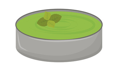 Green soup in bowl semi flat color vector element. Full sized object on white. Course seasoned with herbs. Savoury dish simple cartoon style illustration for web graphic design and animation