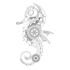 Mechanical seahorse coloring book in metal steampunk style. Vector illustration. © Александр Колесников