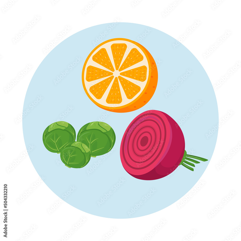 Poster vitamin c sources semi flat color vector objects icon. cabbage and orange. health benefits. full siz