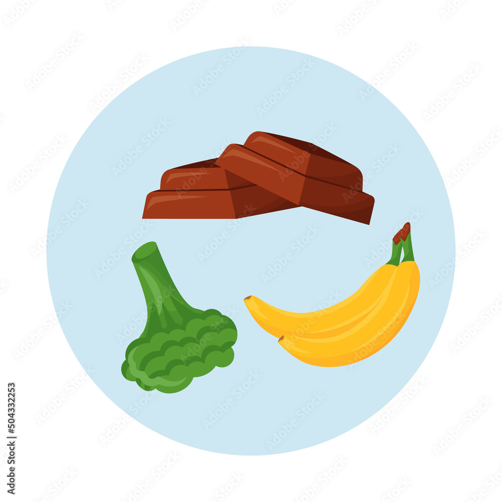 Poster vitamin b6 sources semi flat color vector objects icon. dark chocolate and banana. leafy greens. ful