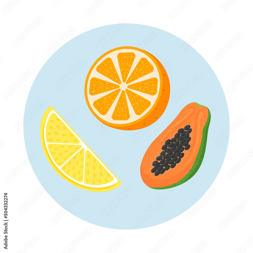 Poster antioxidants food sources semi flat color vector objects icon. healthy citrus fruits and papaya. ful