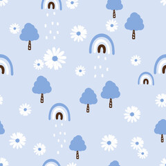 Seamless pattern with daisy flower, trees and rainbows on blue background vector.